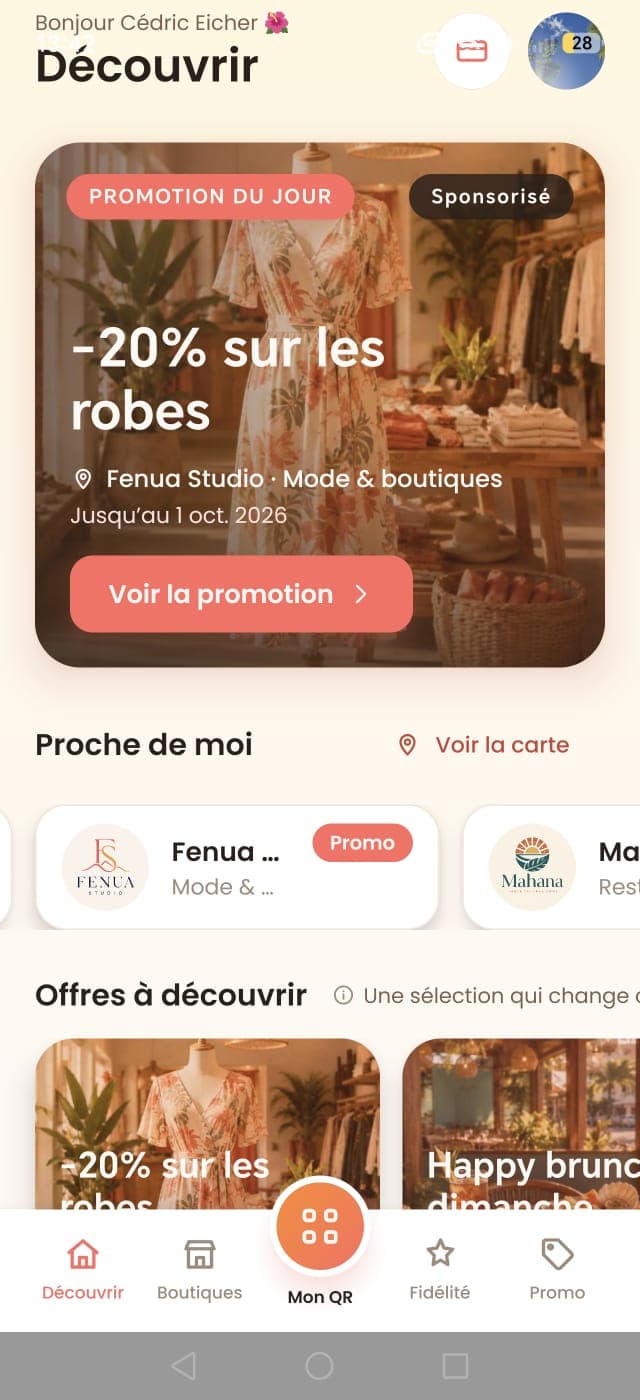 Accueil de l’application Sunkiss avec une promotion locale et les commerces à proximité