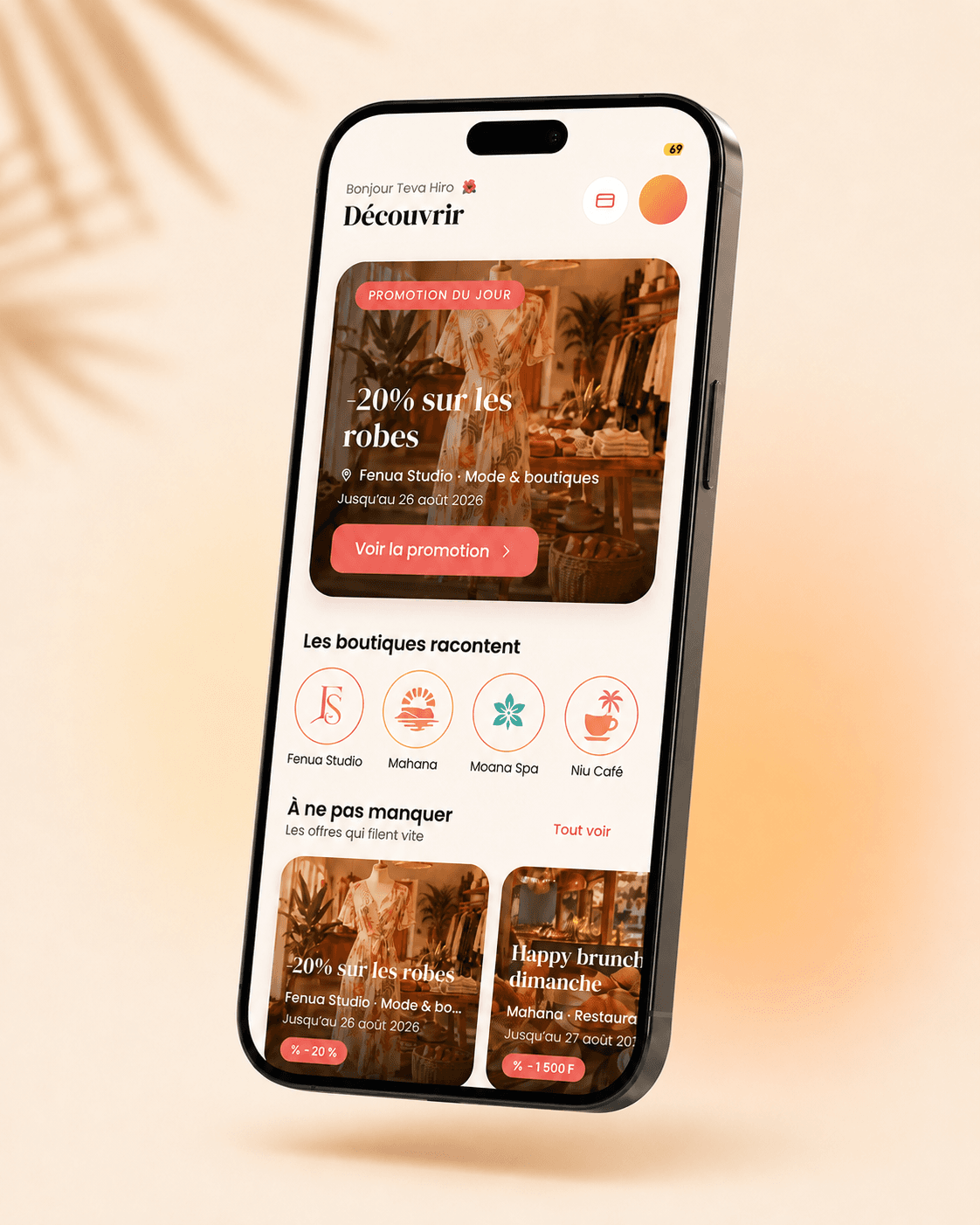 Aperçu de Sunkiss sur téléphone, avec une promotion locale et les Stories de commerces